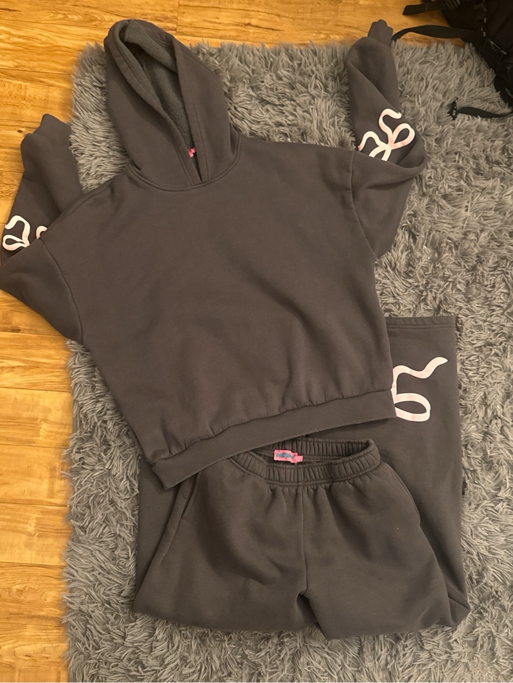 Edikted Charcoal Gray Hoodie & Jogger Set with Pink Bows